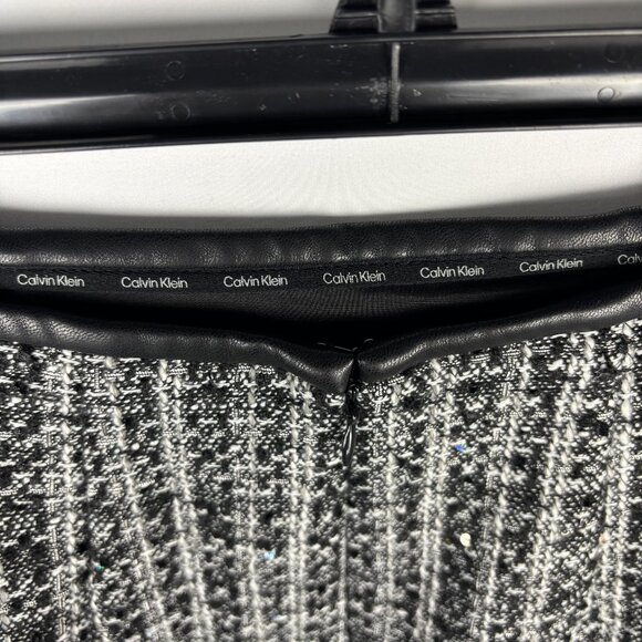 6 Calvin Klein Pencil Skirt Tweed Sequin Above Knee Mini Lined Faux Leather Zip - Picture 5 of 12